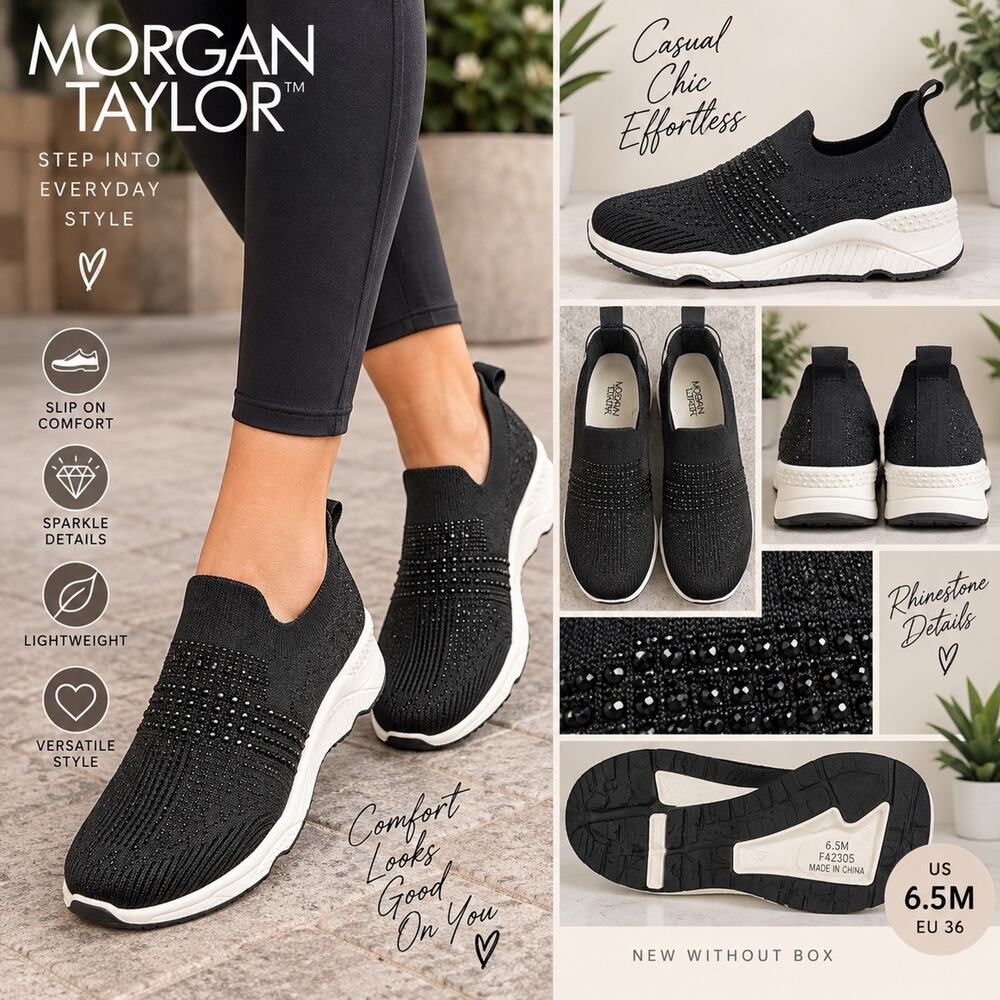 Morgan Taylor Black Knit Slip-On Rhinestone Low Top Comfort Sneakers Rubber